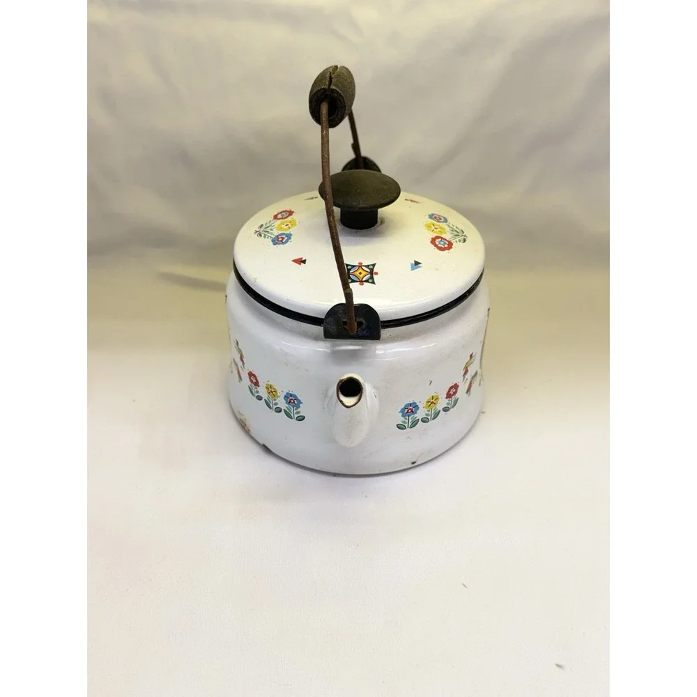 Berggren Rooster Enamelware Tea  Pot Kettle Swedish Folk Art Vintage with Handle